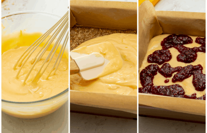 spreading the lemon filling on crumb bars