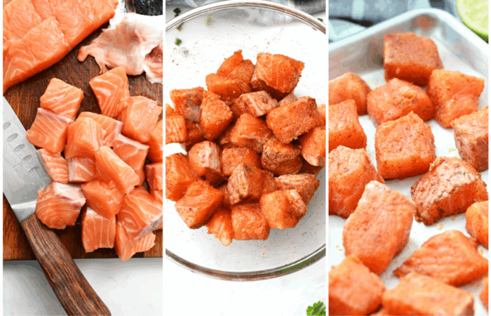 cutting up salmon into 1-inch cubes