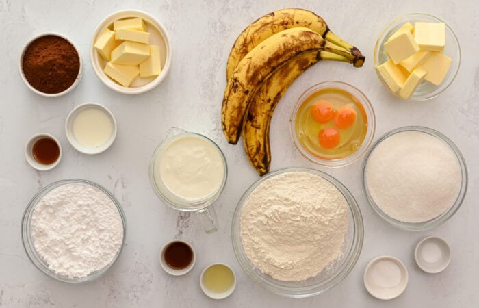 ingredients to make Banana Cake with Chocolate Icing