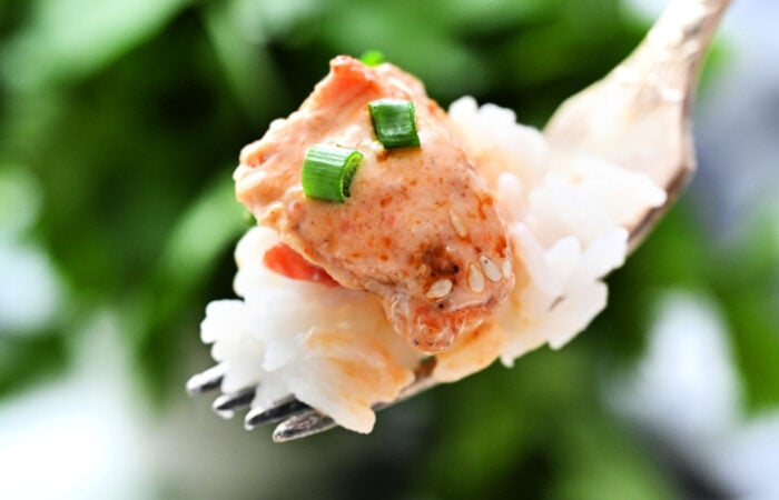 a bite of Bang Bang Salmon