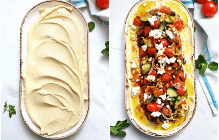 spreading hummus on a platter