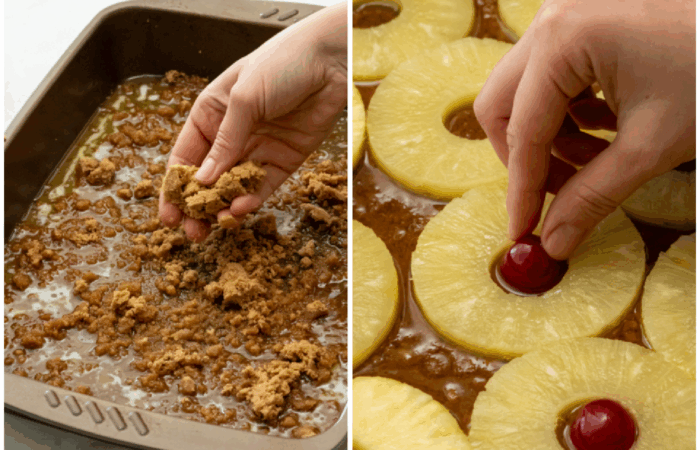adding pineapple to cake