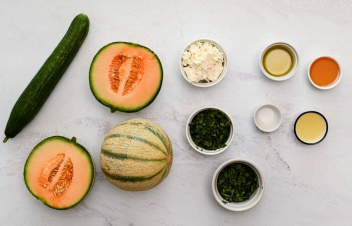 ingredients to make Cucumber Melon Salad with Honey-Lime Dressing