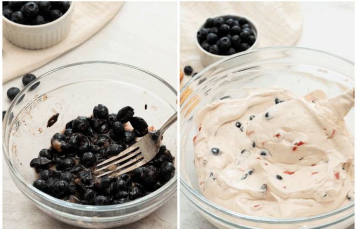 mashing bluberries to add to a dip