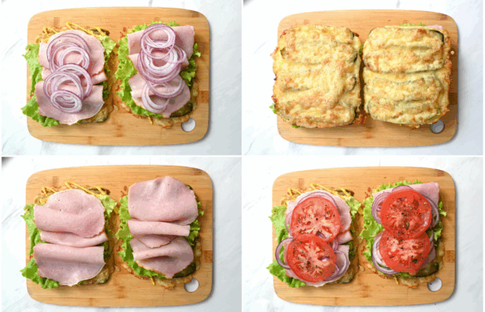 adding onions and tomatoes to sandwich