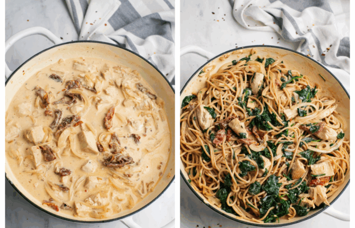 adding cream sauce to pasta