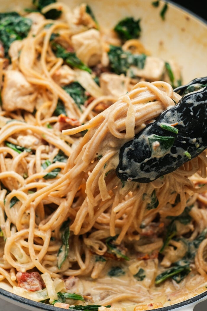 pasta with spinach, chicken and sauce