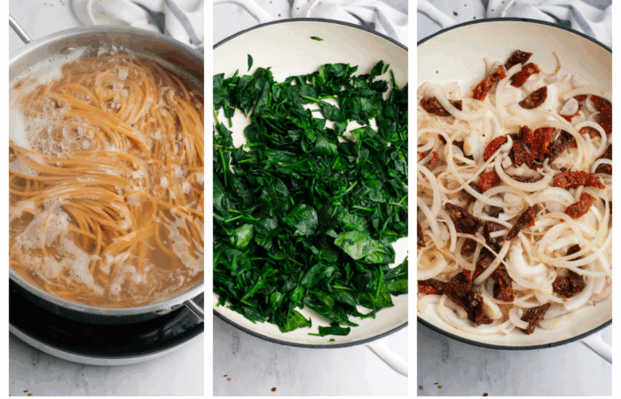 cooking pasta and spinach and onions