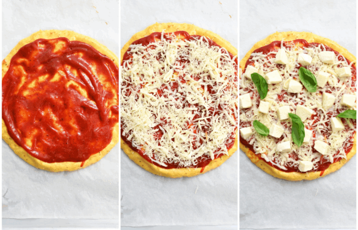 adding sauce and ingredients to make pizza