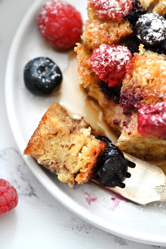 a bite of French Toast Bake with Brioche
