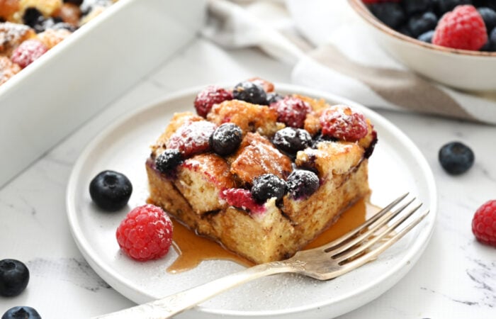 a serving of breakfast bake with syrup