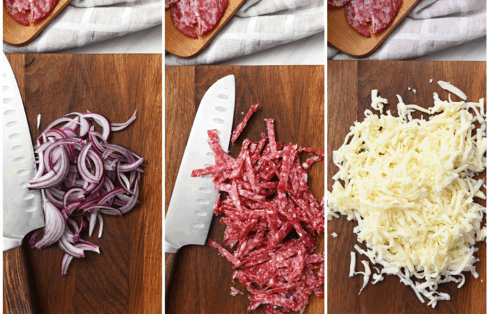 chopping salami, onions, and grating cheese