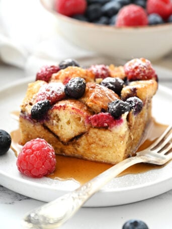 serving of French Toast Bake with Brioche with syrup