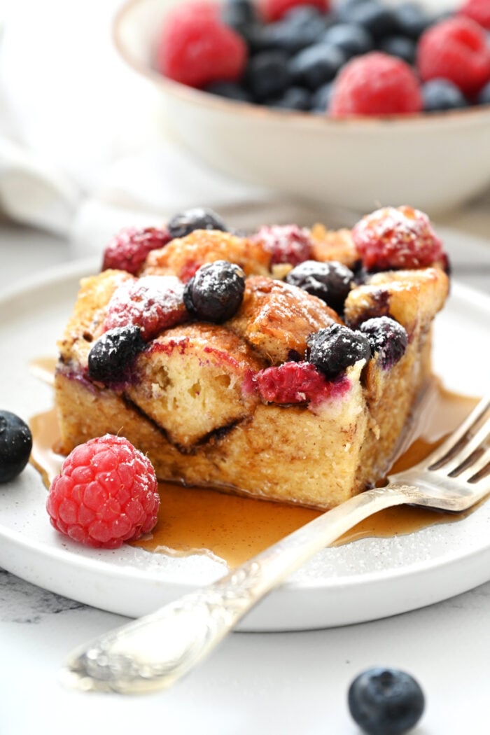 serving of French Toast Bake with Brioche with syrup