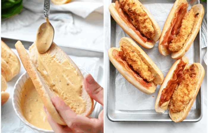 spreading sauce on a bun and adding bacon