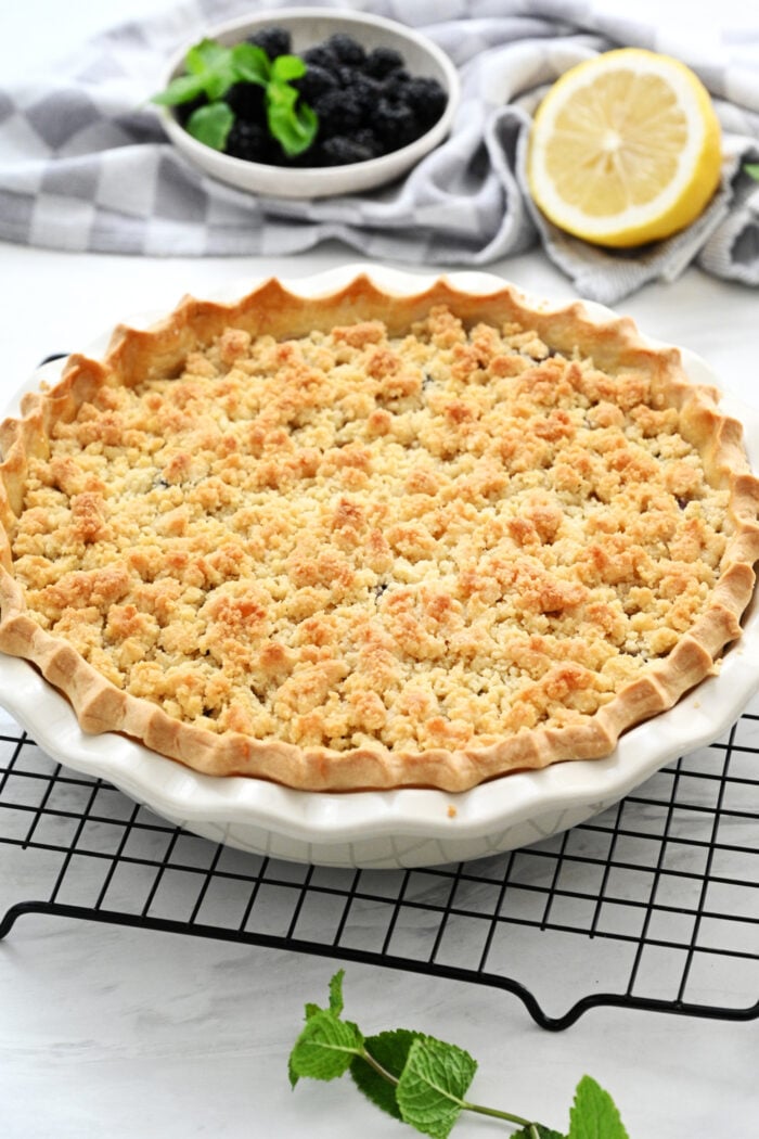 a whole pie with crumble topping