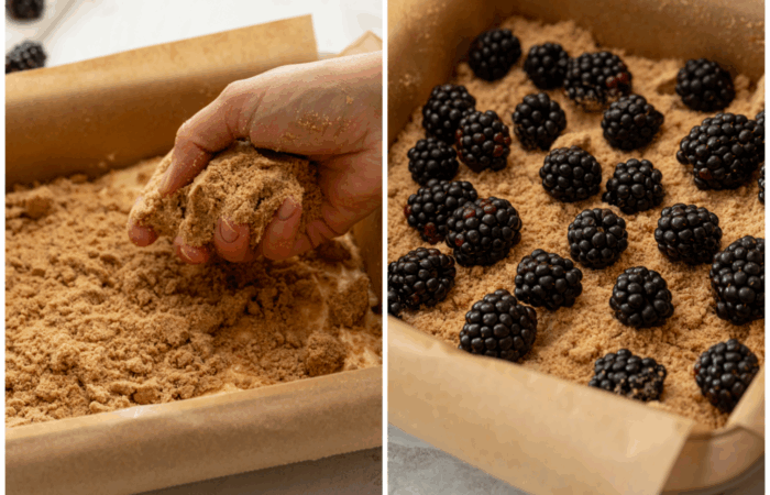 adding blackberries and crumble to a pan