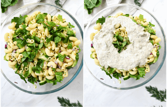 adding dressing to a salad