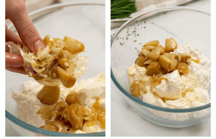 adding roasted garlic to a dip
