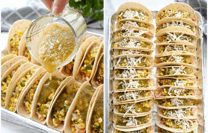 adding sauce to chicken tacos