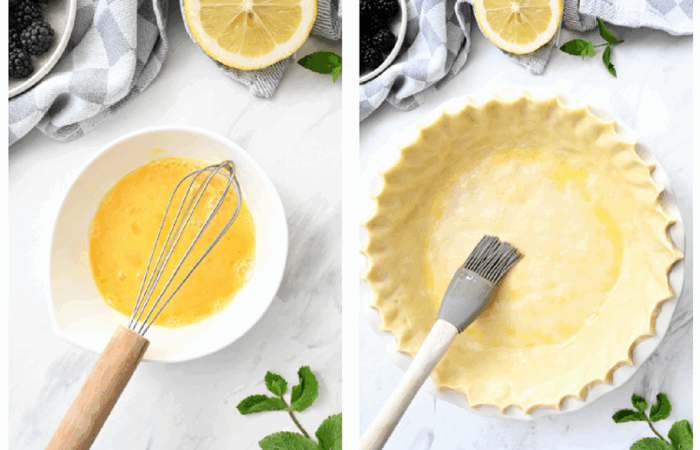 preparing a pie crust with egg