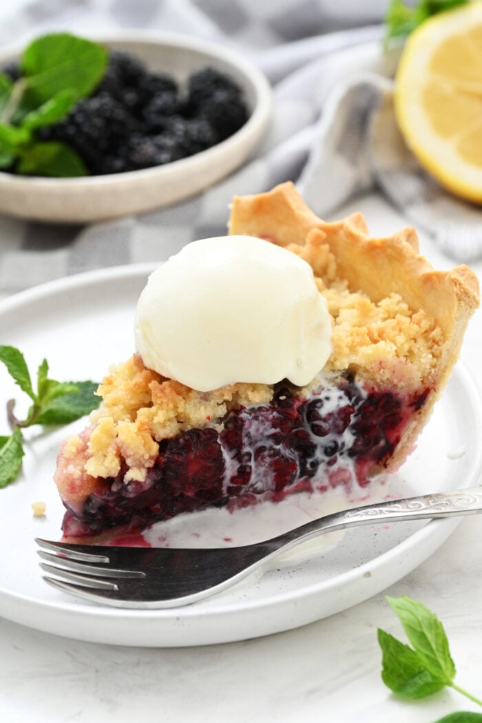 a piece of berry pie with melted ice cream