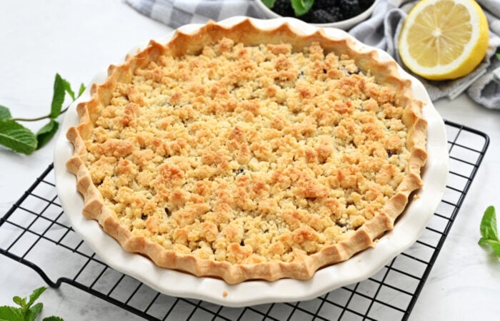 a baked pie with a crumble topping