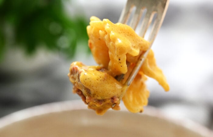bite of creamy pasta