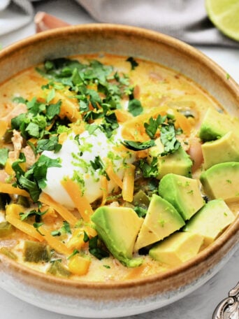 White Chicken Chili with avocado