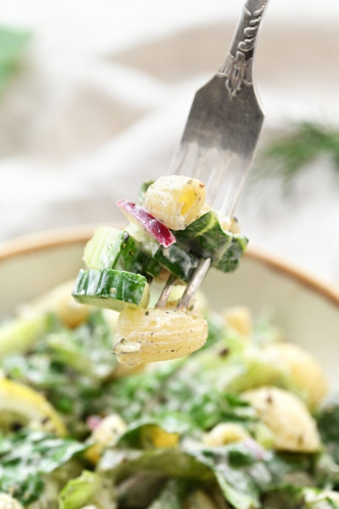 a bite of Creamy Dill Pasta Salad