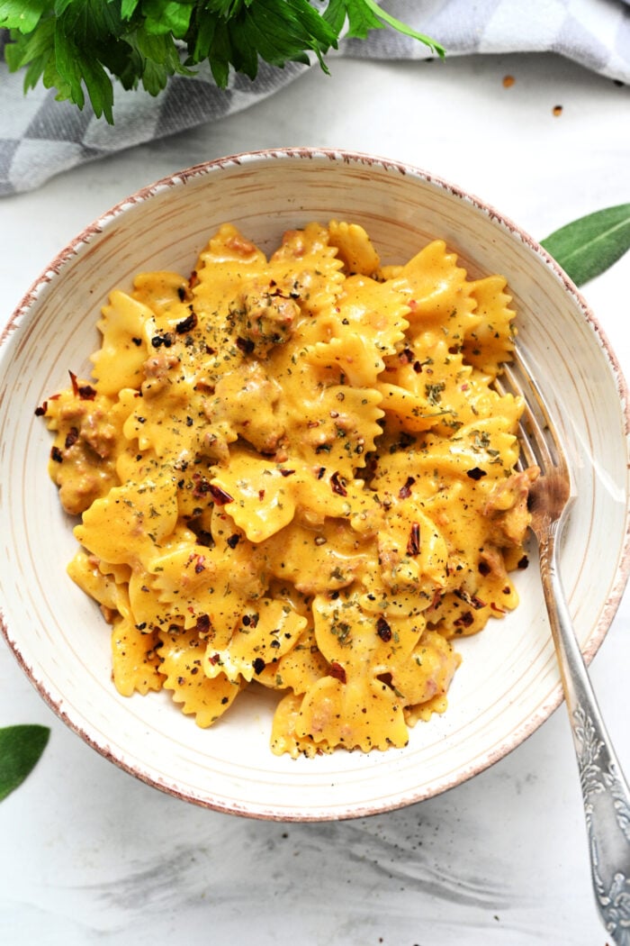 bowl of Creamy Italian Sausage Pasta (with Pumpkin Sauce)