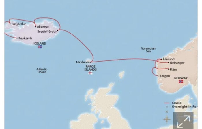 map Viking cruise Bergen to Iceland