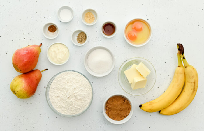 ingredients to make banana and pear bread