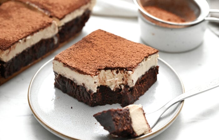 fork bite of Tiramisu Brownies