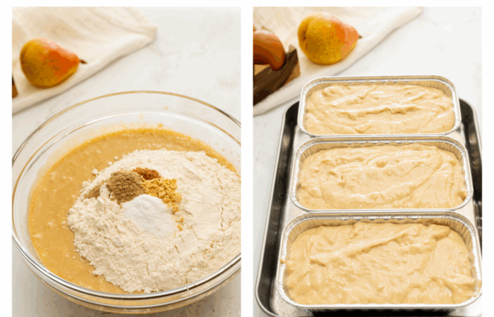 pouring into 3 loaves