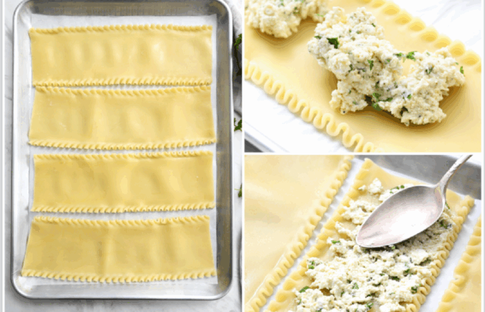 spreading cottage cheese mixture on noodles