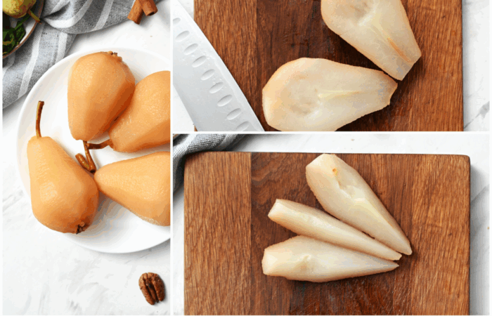 slicing poached pears