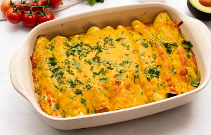 9x13 pan of Beef Enchiladas with Green Sauce