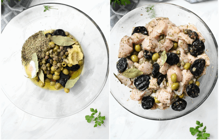 adding olives and prunes to chicken marbella