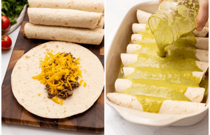 assembling and adding green sauce to enchiladas