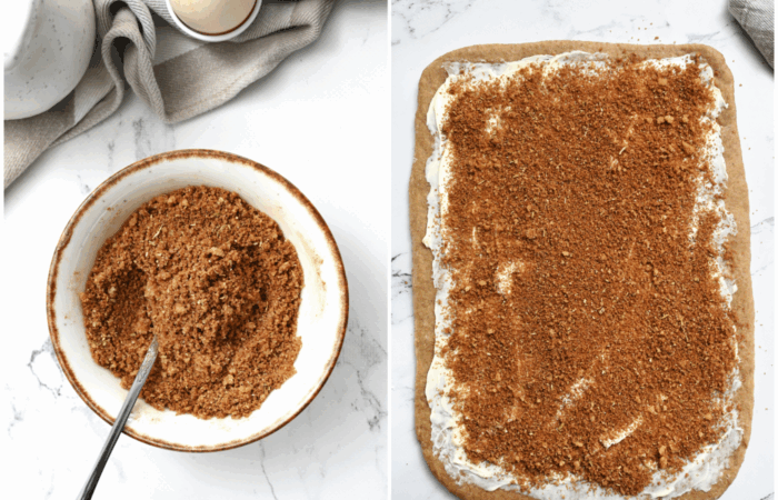 adding cinnamon sugar to dough for rolls