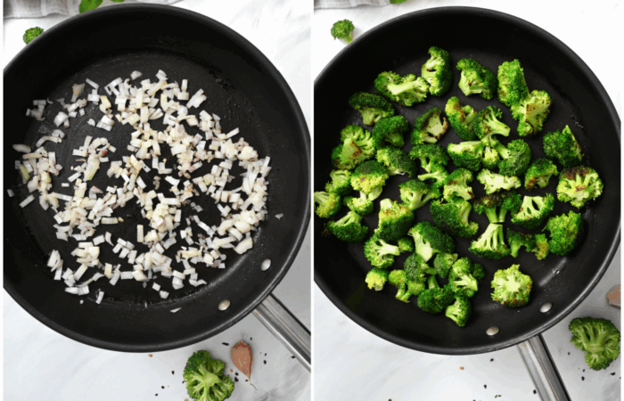 cooking shallots and broccoli