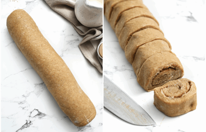 cutting cinnamon roll dough