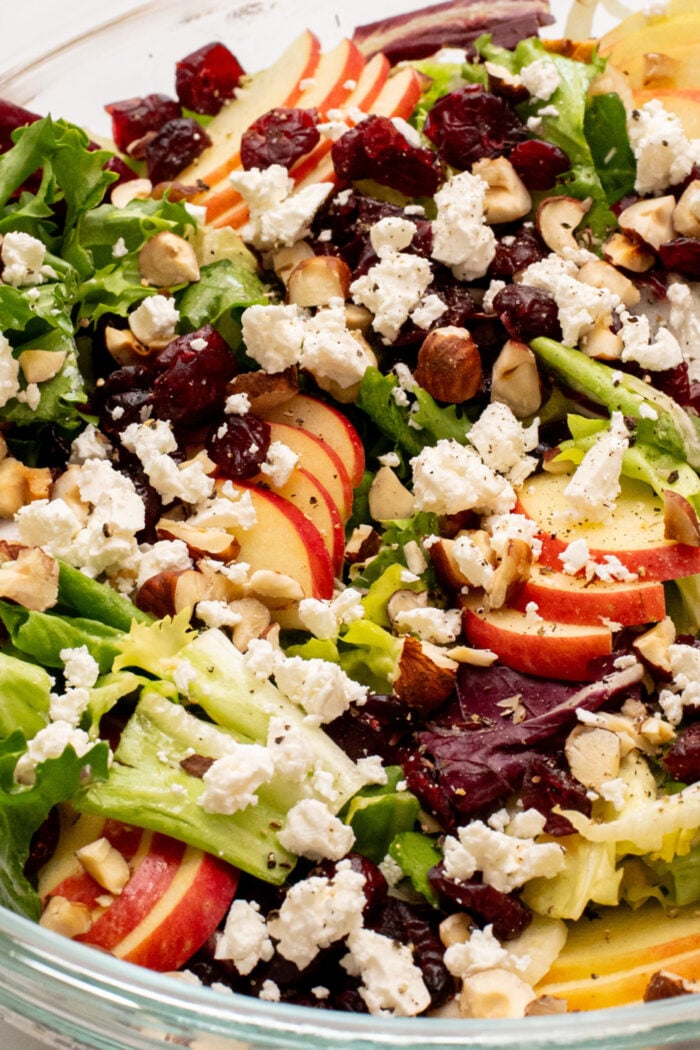 slices of red apple on green salad