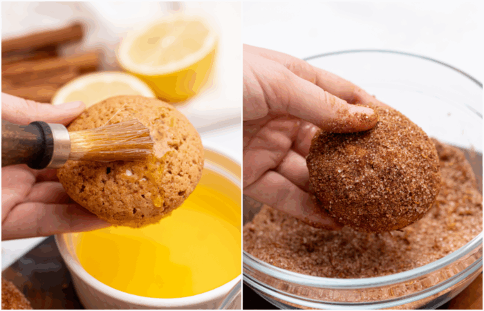 preparing a apple muffin in cinnamon and sugar with butter