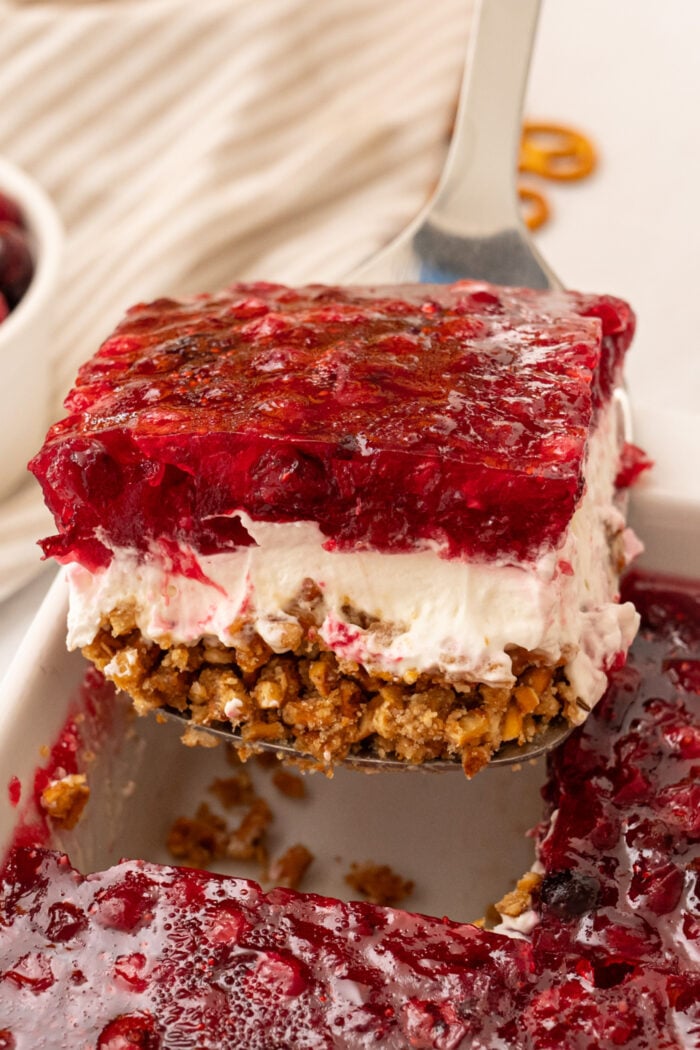 a serving of Cranberry Pretzel Salad