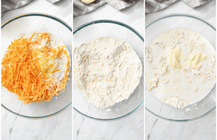 adding cheese and flour to dinner roll batter