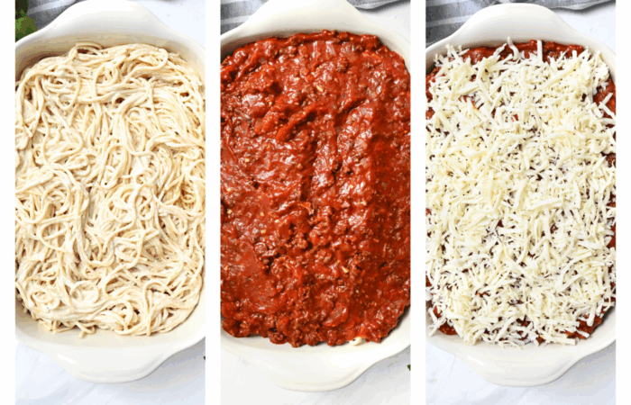 adding alfredo sauce to spaghetti, layering meat and cheese