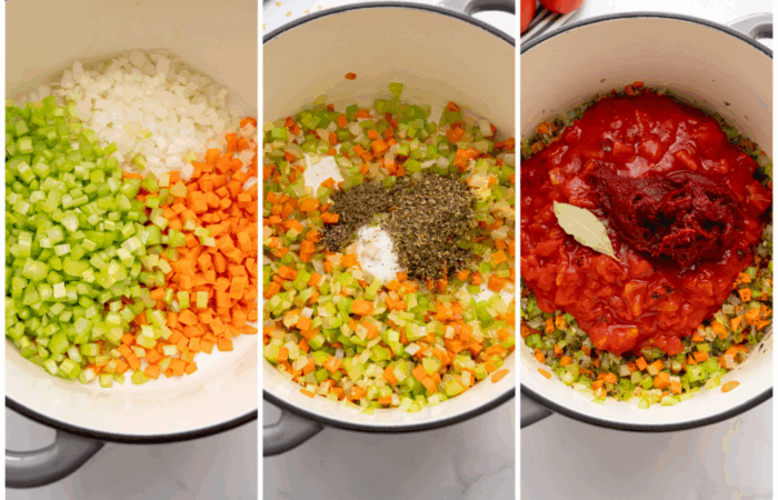 adding veggies and spices to soup