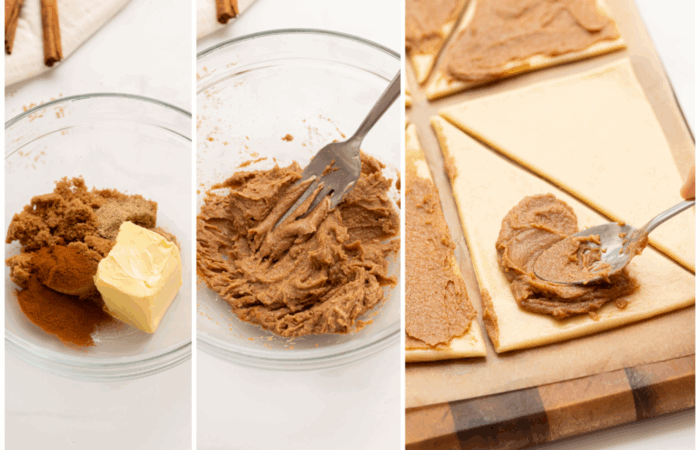 adding cinnamon and butter to rolls
